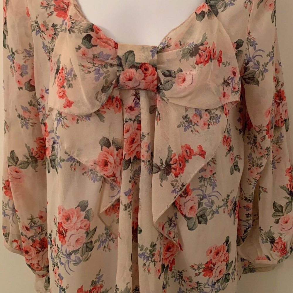 vintage sheer floral top blouse pussy bow draped